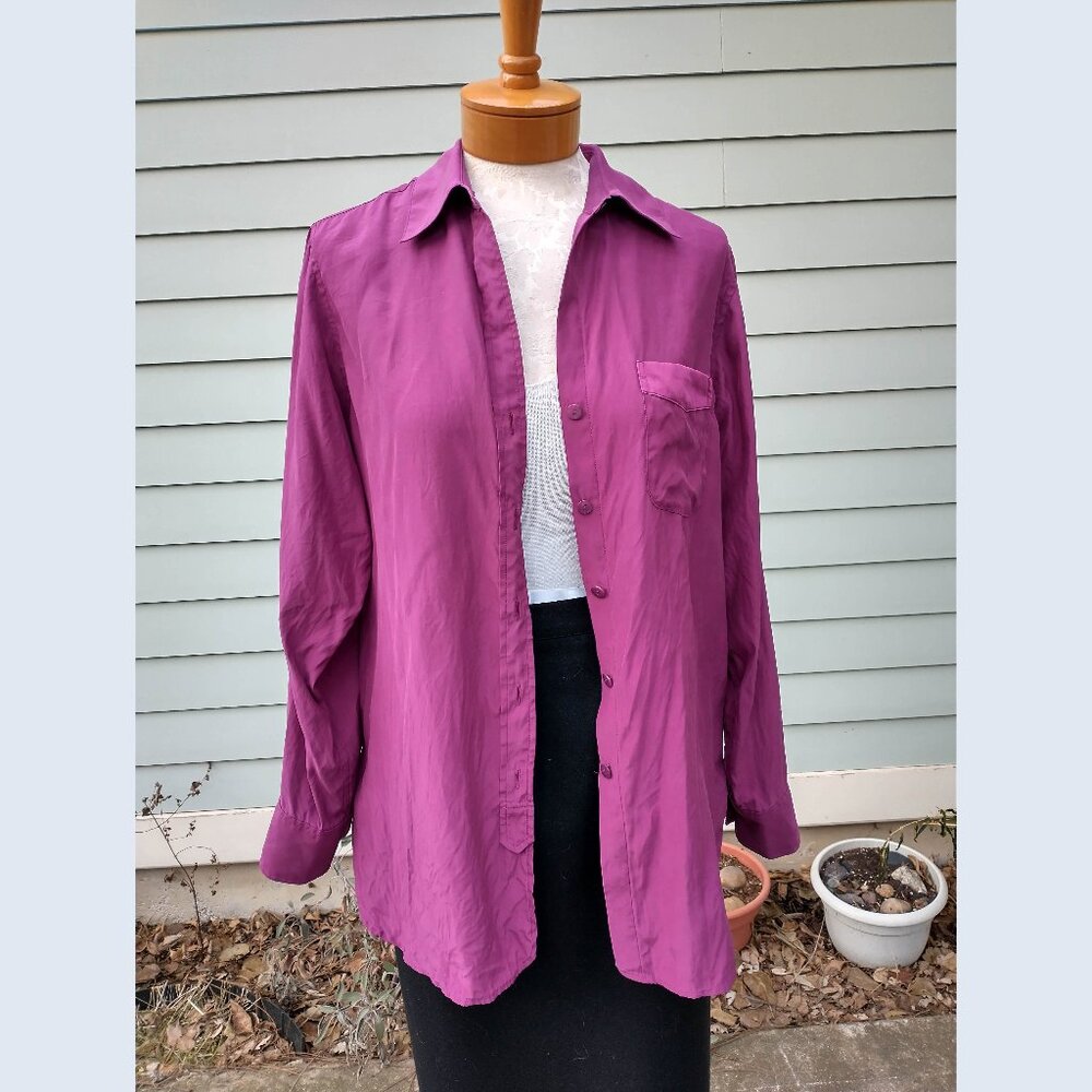 Blouse: Silk, purple, longline. Size large - by Ellen Tracy